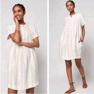 Faherty Gemina Dress Medium Tan White Striped 100% Linen